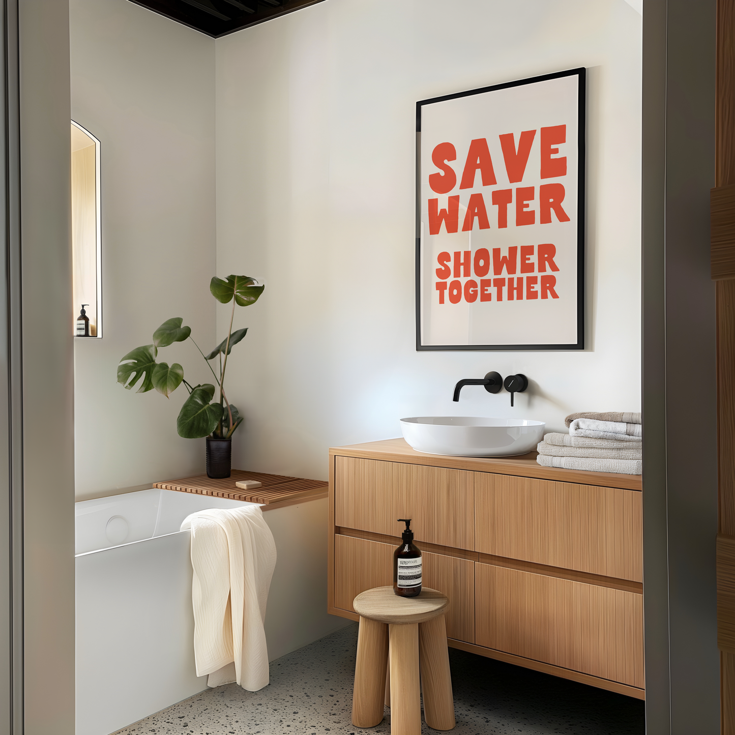 Save Water Shower Together | Red and Cream | Art Print